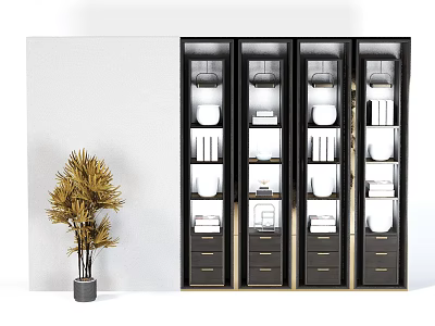 Modern Black Bookcase With Glass Doors Drawers And Decorative Items Near Potted Plant 3d model
