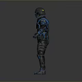 Man in Futuristic Black Blue Tactical Armor with Helmet Full Body Protective Gear