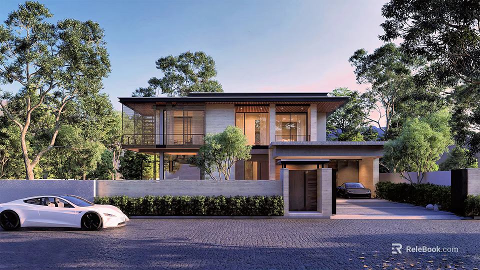 Modern Detached Villa with Glass Windows Surrounded by Trees and Green Driveway 3d model 