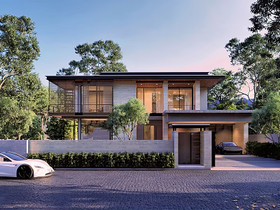 Modern Detached Villa with Glass Windows Surrounded by Trees and Green Driveway 3d model