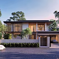 Modern Detached Villa with Glass Windows Surrounded by Trees and Green Driveway