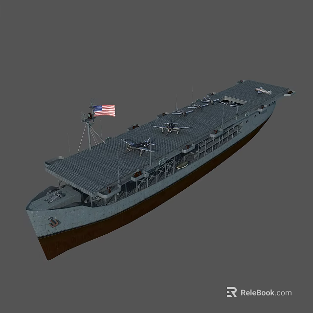 American Flag Flying On Military Ship With Large Deck And Naval Equipment 3d model 