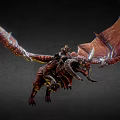 Mythical Red Dragon Flying with Large Membranous Wings Scales and Horned Head Against Dark Background