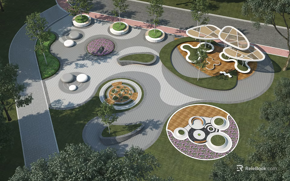 Park Landscape Design with Circular Flower Beds Walking Paths and Green Shade Structures 3d model