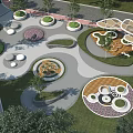 Park Landscape Design with Circular Flower Beds Walking Paths and Green Shade Structures 3d model