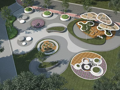 Park Landscape Design with Circular Flower Beds Walking Paths and Green Shade Structures 3d model