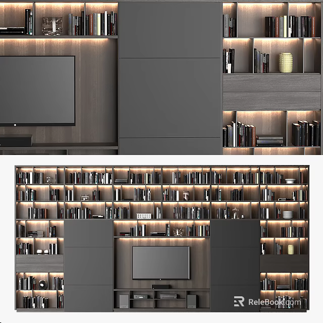 Modern TV Stand With Storage Shelves LED Lighting And Decorative Items 3d model