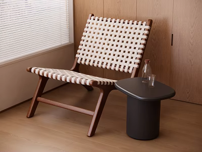 Leisure Chair With Woven Pattern Wooden Frame And Side Table Glass Bottle Indoor Wooden Floor 3d model