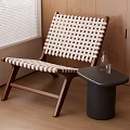 Leisure Chair With Woven Pattern Wooden Frame And Side Table Glass Bottle Indoor Wooden Floor
