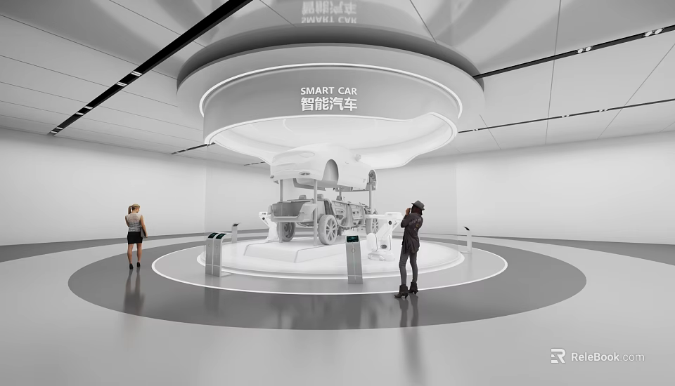 Hi tech Smart Car Showroom Display Featuring Modern Design Interactive Platforms And Visitors 3d model 