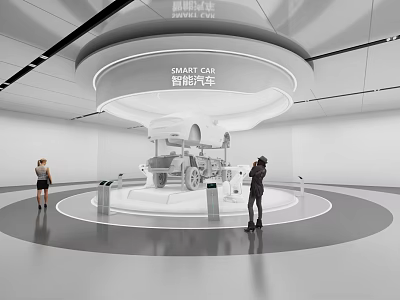 Hi tech Smart Car Showroom Display Featuring Modern Design Interactive Platforms And Visitors 3d model