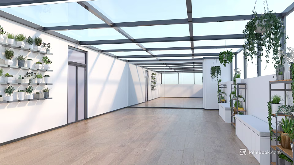 Villa Balcony With Glass Roof Open Space White Walls Wooden Flooring And Green Plants 3d model 