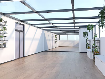 Villa Balcony With Glass Roof Open Space White Walls Wooden Flooring And Green Plants 3d model