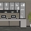 Modern Home Office Desk With Dual Monitors Bookshelf And Decorative Sculptures