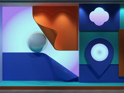 Vibrant Colorful Art Installation Featuring Geometric Shapes Illuminated Sphere Cloud Elements And Location Pin 3d model
