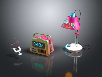 Colorful Vintage Electronic Devices With Radio Alarm Clock And Table Lamp 3d model