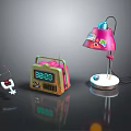 Colorful Vintage Electronic Devices With Radio Alarm Clock And Table Lamp