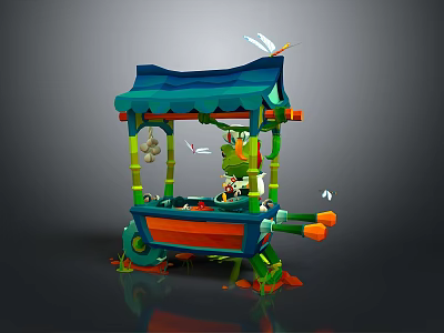 Colorful Household Decorative Cart With Blue Canopy Orange Body Green Frame Bamboo And Dragonfly Decor 3d model