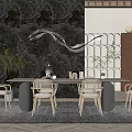 Modern Dining Table Set With Wooden Table Chairs Black Stone Wall And Pendant Light