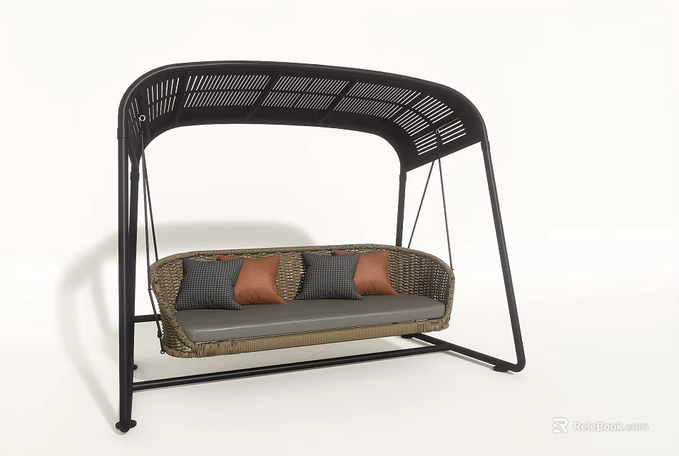 Outdoor Woven Swing Chair With Black Metal Frame Arched Canopy And Gray Brown Cushions 3d model 