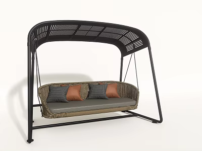 Outdoor Woven Swing Chair With Black Metal Frame Arched Canopy And Gray Brown Cushions 3d model