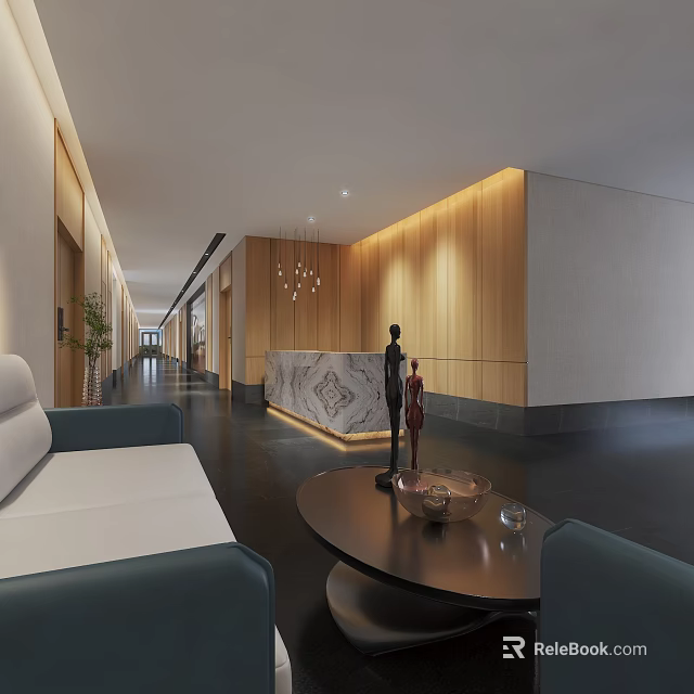 Modern Hotel Corridor With Wooden Walls Marble Reception Desk Sofa Coffee Table And Sculpture 3d model 