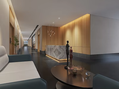 Modern Hotel Corridor With Wooden Walls Marble Reception Desk Sofa Coffee Table And Sculpture 3d model