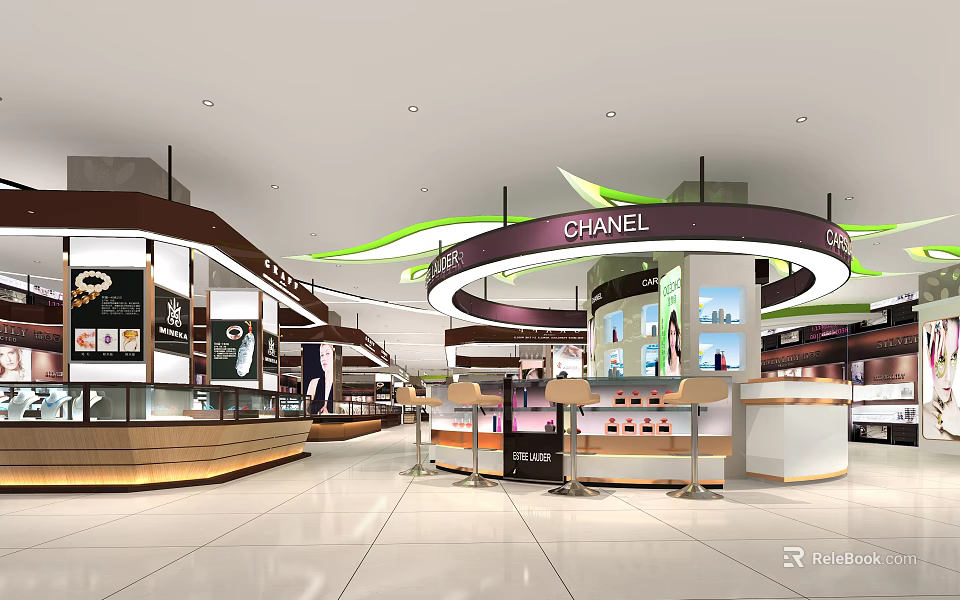 Shopping Mall Hall Interior Featuring CHANEL ARMANI Stores And Modern Lighting Design 3d model 