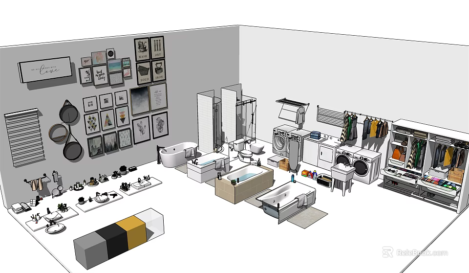 Modern Bathroom Set Design With Toilet Sink Mirror And Storage Cabinets 3d model 