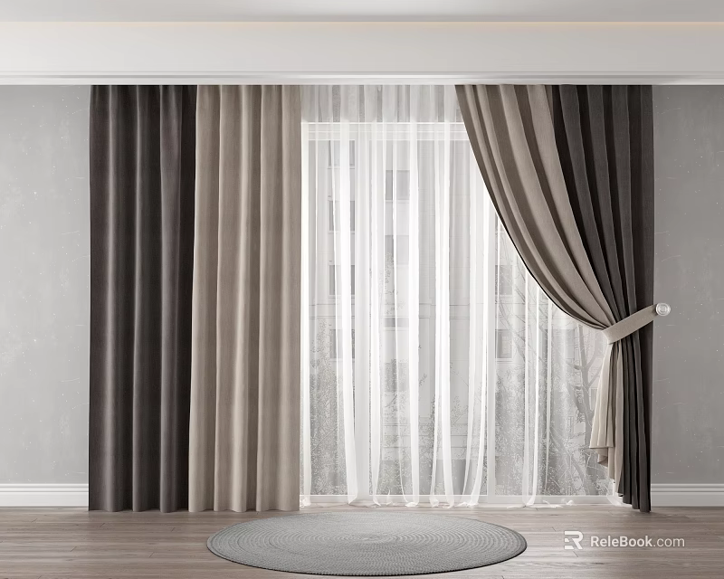 Modern Minimalist Layered Curtains With Dark Light Stripes And White Sheer Tied Back 3d model 