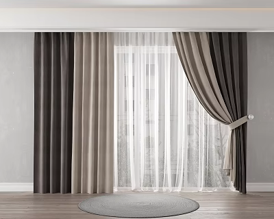 Modern Minimalist Layered Curtains With Dark Light Stripes And White Sheer Tied Back 3d model