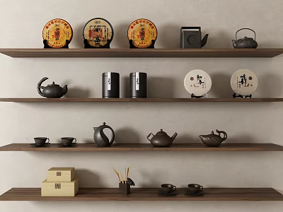 Traditional Chinese Tea Sets Display On Wooden Shelves With Teapots Teacups And Tea Cakes 3d model