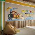 Children's Cultural Wall With Cartoon Train Reading And Future Elements