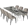 Modern Dining Table And Chairs Set Featuring Marble Tabletop Beige Seats And Black Metal Legs Design