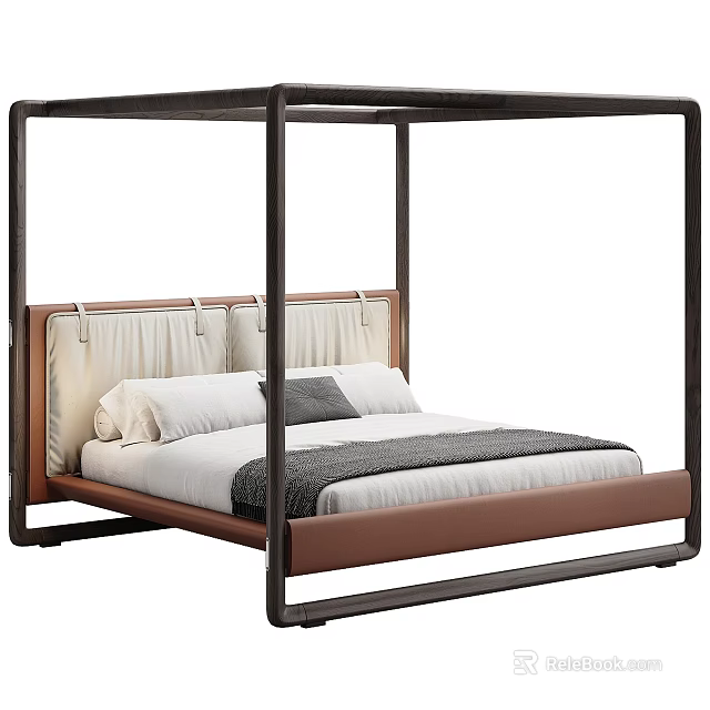 Stylish Modern Canopy Double Bed With Upholstered Headboard And Solid Wood Frame For Comfortable Bedroom 3d model 