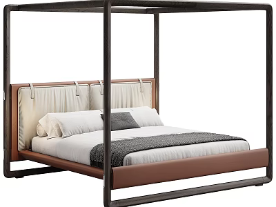 Stylish Modern Canopy Double Bed With Upholstered Headboard And Solid Wood Frame For Comfortable Bedroom 3d model