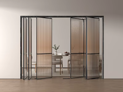 Modern Glass Folding Doors with Black Frames Connecting Interior Spaces 3d model