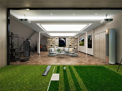 Modern Entertainment Room Interior With Gym Equipment Sofa Coffee Table And Grass Putting Green 3d model