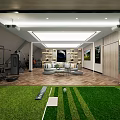 Modern Entertainment Room Interior With Gym Equipment Sofa Coffee Table And Grass Putting Green