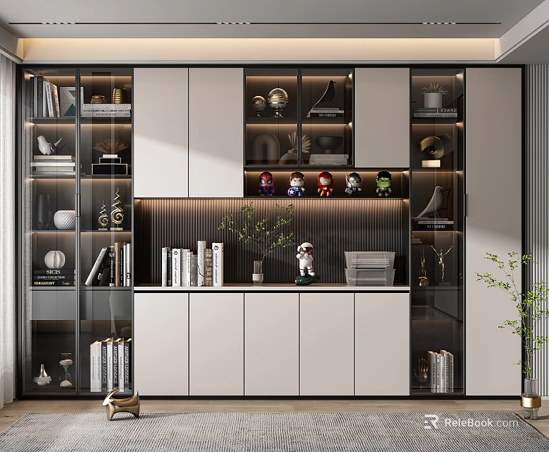 Modern Bookcase Design With Glass Front Doors LED Lighting And Decorative Items 3d model 