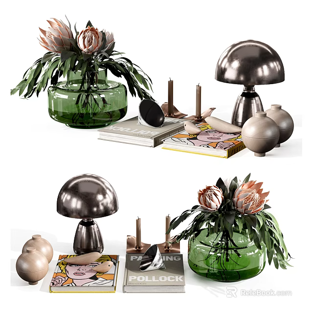 Decorative Ornament Set Including Green Vase Mushroom Shaped Decor Candles Books And Flowers 3d model 