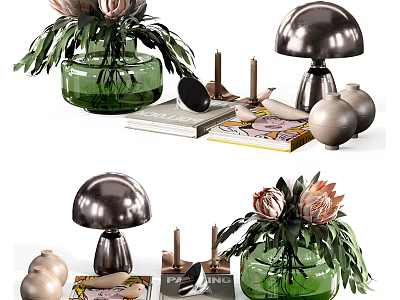 Decorative Ornament Set Including Green Vase Mushroom Shaped Decor Candles Books And Flowers 3d model
