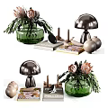 Decorative Ornament Set Including Green Vase Mushroom Shaped Decor Candles Books And Flowers