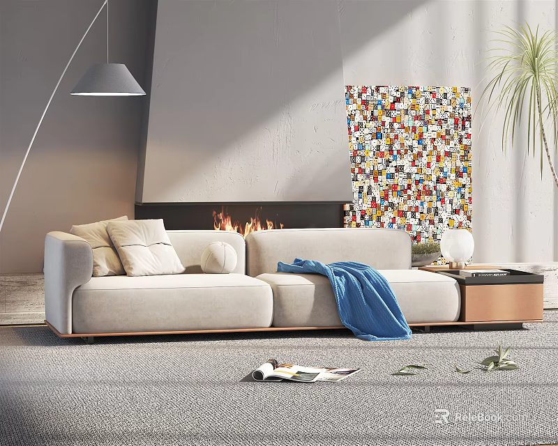 Beige Double Sofa With Pillows And Blue Blanket By Fireplace With Colorful Mosaic Art 3d model 