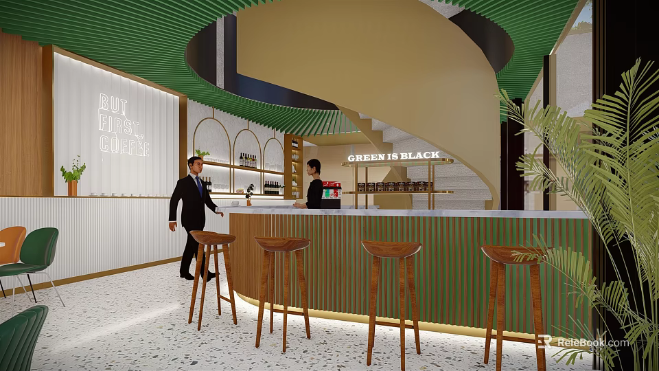 Modern Coffee Shop Interior With Spiral Staircase Bar Counter And Wooden Stools 3d model 