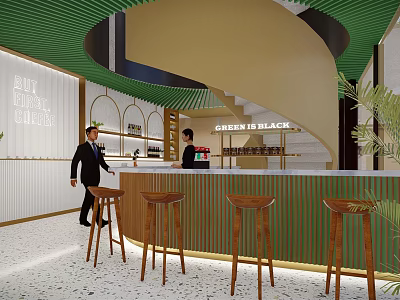 Modern Coffee Shop Interior With Spiral Staircase Bar Counter And Wooden Stools 3d model