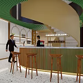 Modern Coffee Shop Interior With Spiral Staircase Bar Counter And Wooden Stools