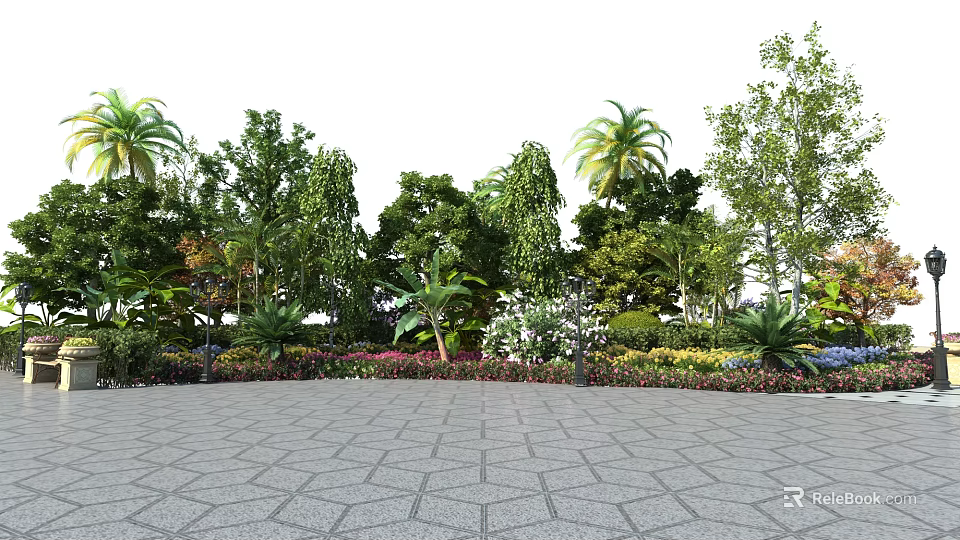 Arbor Trees Landscape With Palm Trees Various Plants And Paved Ground 3d model 