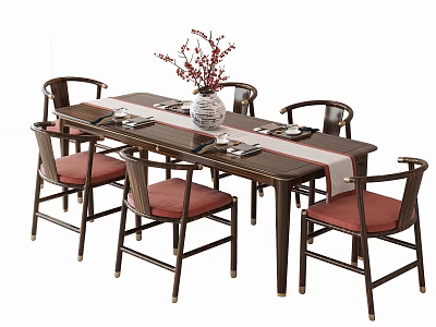 Dark Wood Dining Table Set With Six Red Padded Chairs White Vase Red Branches Tableware 3d model