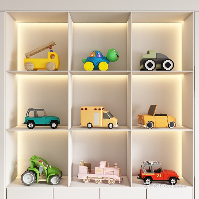 Electric Toy Cars Various Types Colorful Fire Truck Ambulance Dinosaur Car Displayed on White Shelves 3d model 